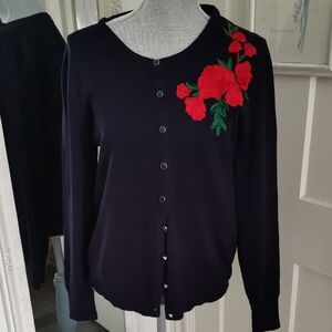 Womens Melrose Chic New York Cottagecore Navy Cardigan with Embroidered Roses XL